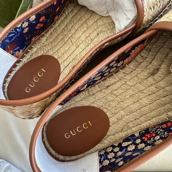 NEW GUCCI || Adela GG Raffia Espadrilles Brown Leather Logo EU 39 US 9 Shoes - Picture 8 of 11